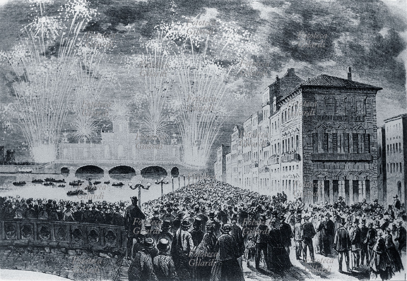 FIRENZE 21 e 22 settembre 1864 Ponte Vecchio: festeggiamenti con fuochi artificiali a Firenze, nuova capitale d\