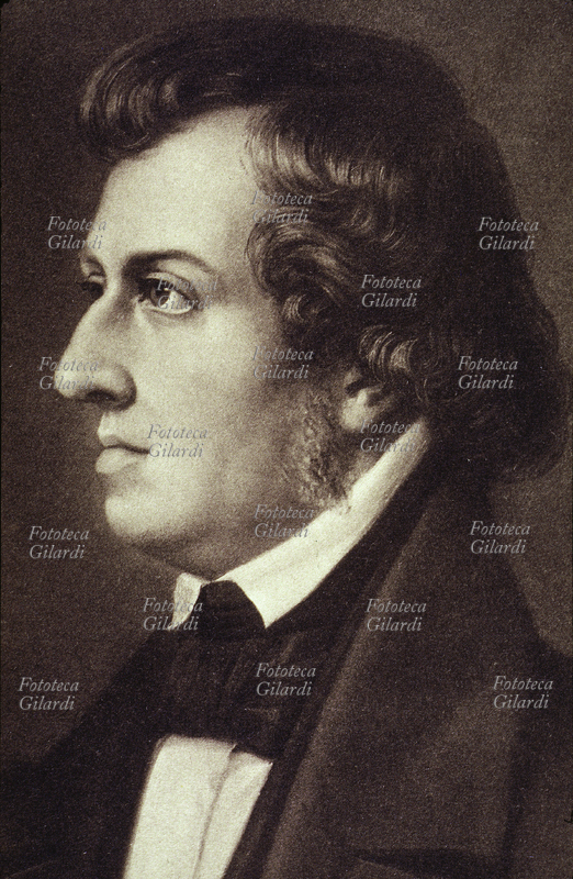 Frederic CHOPIN (1810-1849) compositore e musicista. Ritratto a mezzo busto di profilo, litografia del XIX secolo.