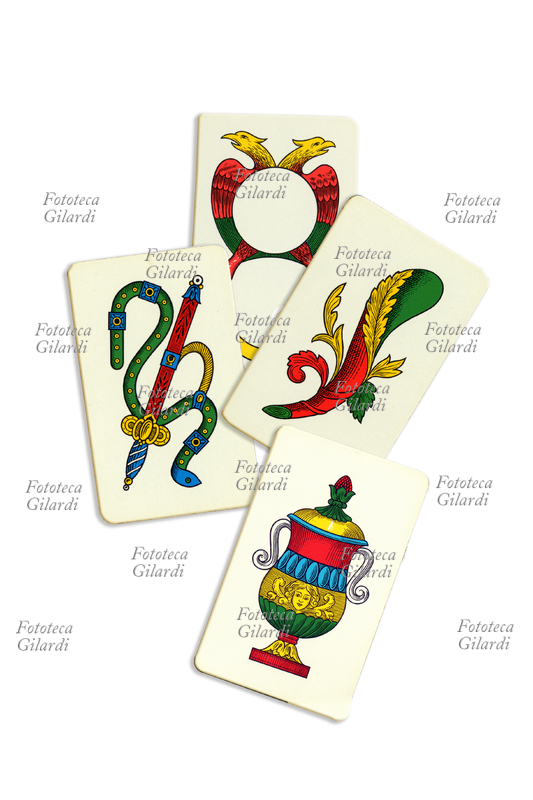 CARTE DA GIOCO NAPOLETANE i quattro assi: spade, ori, bastoni e coppe. Italia, 1980 circa.