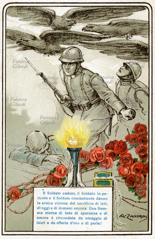 PRIMA GUERRA MONDIALE "Il Soldato caduto, il Soldato in pericolo e il Soldato combattente danno la eroica visione del sacrificio di ieri, di oggi e di domani ancora. Una fiamma eterna di fede e di speranza e di amore è circondata da omaggio di lauri e offerta d\