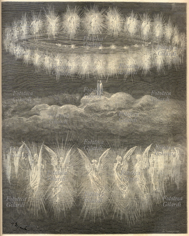 DIVINA COMMEDIA raffigurazione del Paradiso, schiere di angeli in volo formano anelli luminosi. Illustrazione di Gustave Doré, 1860