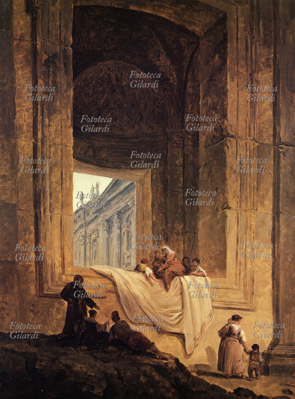 ROMA Pellegrini vicino ad una finestra a San Pietro a Roma. La cattedrale di San Pietro a Roma era meta di viaggi mistici e di piacere fino dai tempi più remoti. Anche questo dipinto eseguito da Hubert Robert, artista francese, ne è una diretta testimonianza, 1762-1763