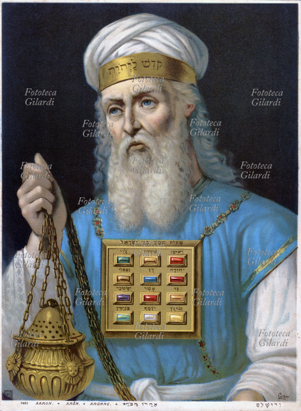 AARON elder brother of Moses, followed him into the desert and the Sinai. He was the first high priest of the Jews. Having missed the first trust in God died to enter Palestine. Chromos, 1895 CRCA.
