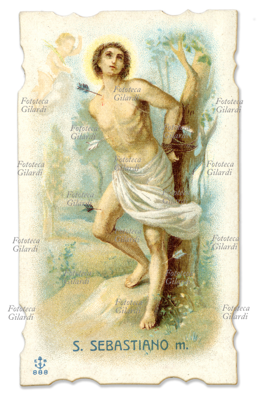 SAN SEBASTIANO (256-288) martire nella sua raffigurazione classica: appoggiato a un albero e il corpo trafitto da frecce. Festa 20 gennaio. Milano, 1900 circa