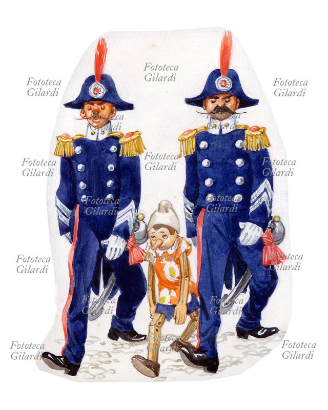 Fototeca Gilardi > Foto FTT29922: PINOCCHIO TRA DUE CARABINIERI -  ILLUSTRAZIONE DI LIBICO MARAJA