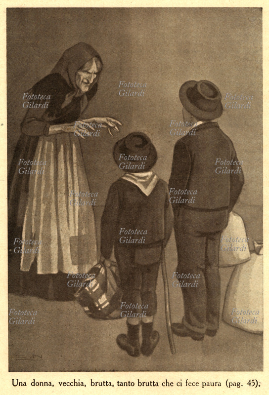 MESTIERI illustrazione di Carlo Nicco (1883-1937) per il romanzo "Il racconto del piccolo vetraio" di Olimpia De Gaspari: "Una donna vecchia, brutta, tanto brutta che ci fece paura..."; i due ragazzi giunti a destinazione incontrano colei che dovrebbe prendersi cura di loro. Si tratta di una straziante storia di miseria: nella speranza di offrire ai figli un futuro migliore, un pescatore in disgrazia affida i suoi due bambini ad un trafficante francese senza scrupoli, che gli promette di impiegarli nella sua vetreria. I due ragazzini vengono però sfruttati senza pietà, tanto che presto uno si ammala e muore. L\