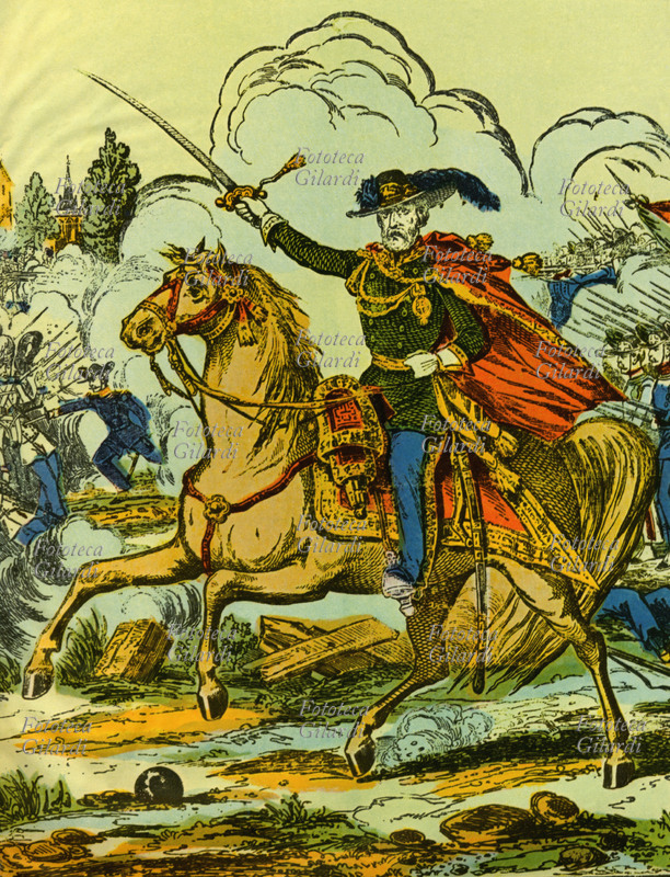 Giuseppe GARIBALDI (1807-1882) ritratto equestre durante il suo primo periodo italiano. Stampa xilografica a colori dell\