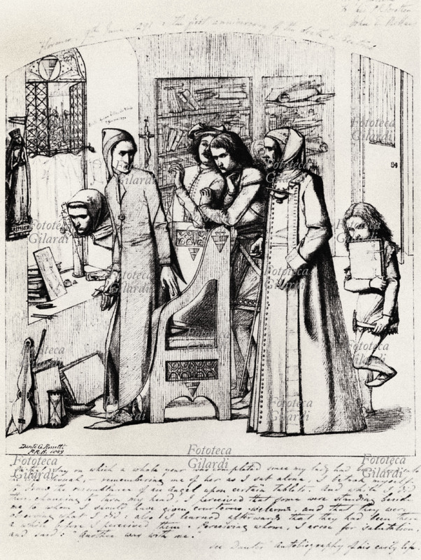 Dante Gabriel ROSSETTI (1828-1882) Il primo anniversario della morte di Beatrice, Dante disegna un angelo. Firenze 9 giugno 1291. Disegno a penna e inchiostro, 1849