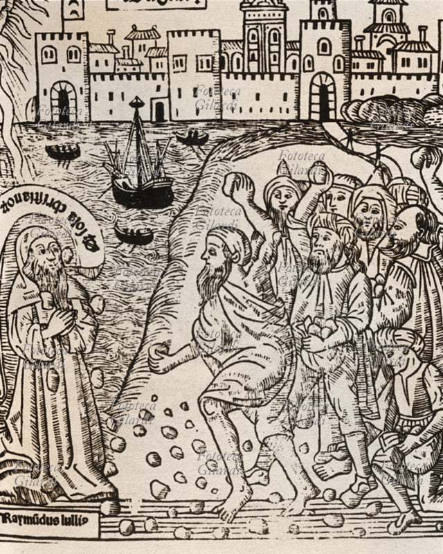 Raimondo LULLO (1232-1316) lapidazione di Lullo, teologo cristiano da parte di seguaci di Maometto. Nome italianizzato di Ramón Llull, teologo, filosofo e scrittore catalano. La sua morte per lapidazione sarebbe avvenuta secondo una leggenda, durante un viaggio di evangelizzazione in Africa.