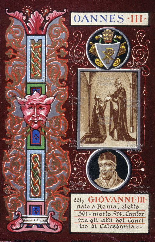 PAPA GIOVANNI III (? - 574), nato a Roma, eletto nel 561, conferma gli atti del Concilio di Calcedonia. Cartolina cromolitografica n. 201 dalla \
