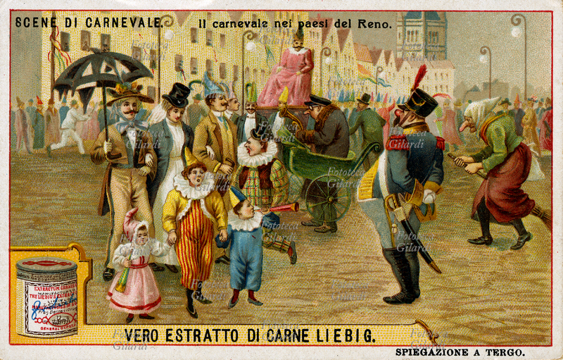 CARNEVALE nei paesi del Reno; a Colonia raggiunge il massimo per tre giorni interi: il "Principe Carnevale" seguito da numerosa scorta percorre le strade, durante il suo regno è concessa piena libertà di parole e nessuno ha il diritto di offendersi per uno scherzo. Cromolitografia, figurina Liebig "Scene di Carnevale", Italia 1910.
