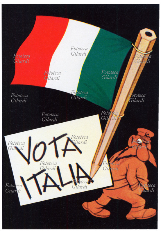 ELECTIONS: Anti-communist propaganda. The slogan is "Vote Italy." A pencil with a tricolor flag is written on the ballot paper, viewed with suspicion by a caricatured Bolshevik. Illustration by Benito Jacovitti (1923-1997), a distinctive Italian cartoonist who also worked on advertising and political posters, as an artist who supported the Civic Committees, with numerous satirical posters that were also appreciated by opposition parties. General and local elections, Italy 1948-1950.