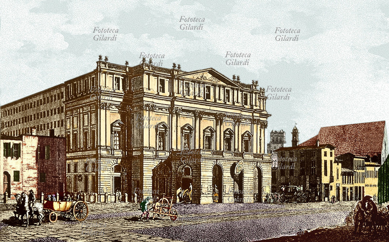 MILANO 1700 Veduta del Teatro alla Scala nella conformazione originale progettata da Giuseppe Piermarini (18 luglio 1734 – 18 febbraio 1808). Costruito nel 1776 in seguito all\