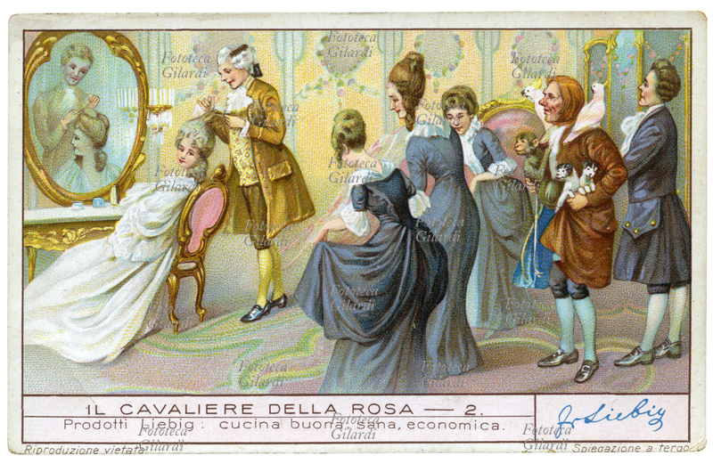 Richard STRAUSS (11 giugno 1864 – 8 settembre 1949) "Udienza mattutina presso la principessa", atto I da "Il cavaliere della rosa" (Der Rosenkavalier), commedia per musica in tre atti su libretto dello scrittore austriaco Hugo von Hofmannsthal, eseguita la prima volta il 26 gennaio 1911 alla Königliches Opernhaus di Dresda. Prodotti Liebig: cucina buona, sana, economica. Cromolitografia, figurina Liebig della serie "Il cavaliere della rosa", n. 2. Italia 1935