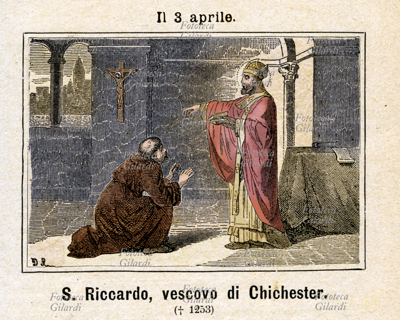 San RICCARDO di Chichester (1197 – 3 aprile 1253), vescovo. Istituì gli Statuti Diocesani, che comprendono tutte le disposizioni per il celibato e la condotta del clero, per l’amministrazione gratuita dei sacramenti, per la celebrazione dignitosa della Messa; esiliato dal re Enrico III, e rinsediato in seguito, ma inizialmente privo dei beni confiscati, mantenne sempre grande carità, senza cessare l\