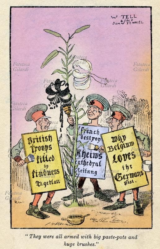 CARICATURA "They were all armed with big paste-pots and huge brushes.". I tre giardinieri-carta-da-gioco hanno le fattezze di militari tedeschi, e come artificiosamente dipingono i gigli di nero, altrettanto portano su di sé scritte propagandistiche che annunciano la sottomissione di Gran Bretagna, Francia e Belgio. Tavola tratta da "Malice in Kulturland" di Horace Matthew Wyatt (1876 - ?), parodia in chiave politica ispirata nel testo e nelle illustrazioni di W. Tell alla famosa edizione di "Alice\