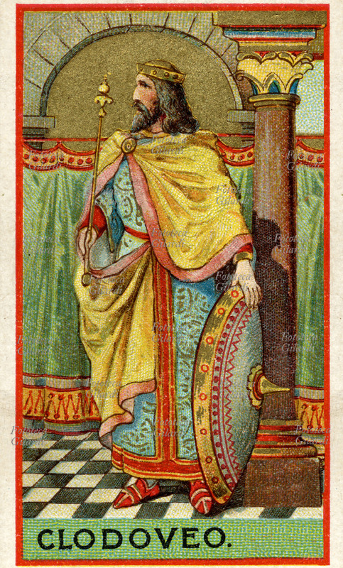 FRANCE Portrait of Clodoveo I° (481-511) king of the Franchi Salii and prototype of the Merovingia dynasty, succedette to the Childerico father. Liebig little figure, cromolitografia, 1900 approximately