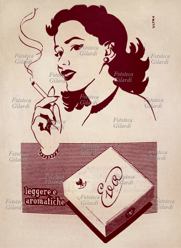 FUMO annuncio pubblicitario a cura dei Monopoli di Stato per incrementare la vendita delle sigarette: " Eva, leggere e aromatiche"; dedicate al target femminile, sono presentate dal volto stilizzato di una giovane donna elegante e raffinata. L\