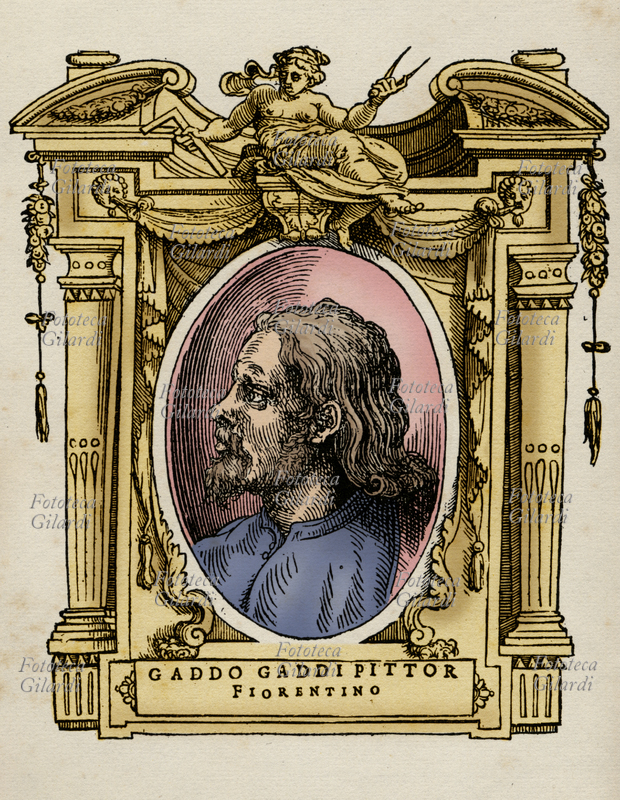 GADDO di Zenobi (Gaddo Gaddi secondo Vasari, 1240 circa - 1312), pittore mosaicista italiano, capostipite della famiglia Gaddi che diede a Firenze alcuni pittori, tra cui il figlio Taddeo Gaddi. Il ritratto è racchiuso in una cornice decorata con gli strumenti dell\