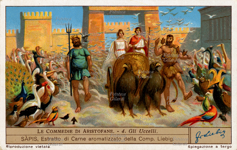ARISTOFANE (4) Gli uccelli. Commedia rappresentata nel 415 a.C. Peistestairos e Eulpede decidono di andare a vivere con gli uccelli e fondano Nubicuculia, la città dei cuculi nelle nubi. L\