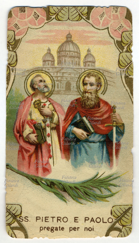 SS. PIETRO E PAOLO pregate per noi. Immaginetta cromolitografica, 1900 circa.