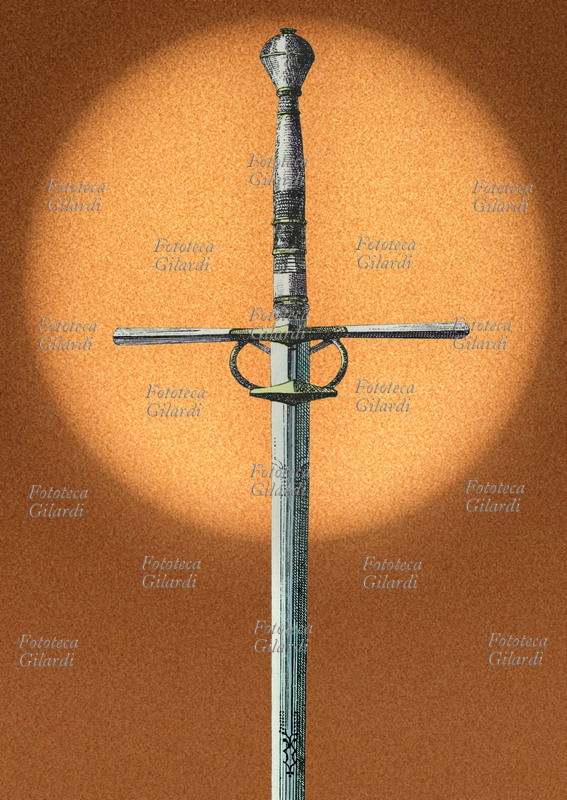 WEAPONS Medieval European sword, graphic elaboration on an ocher background by Elena Piccini, Italy 2004.