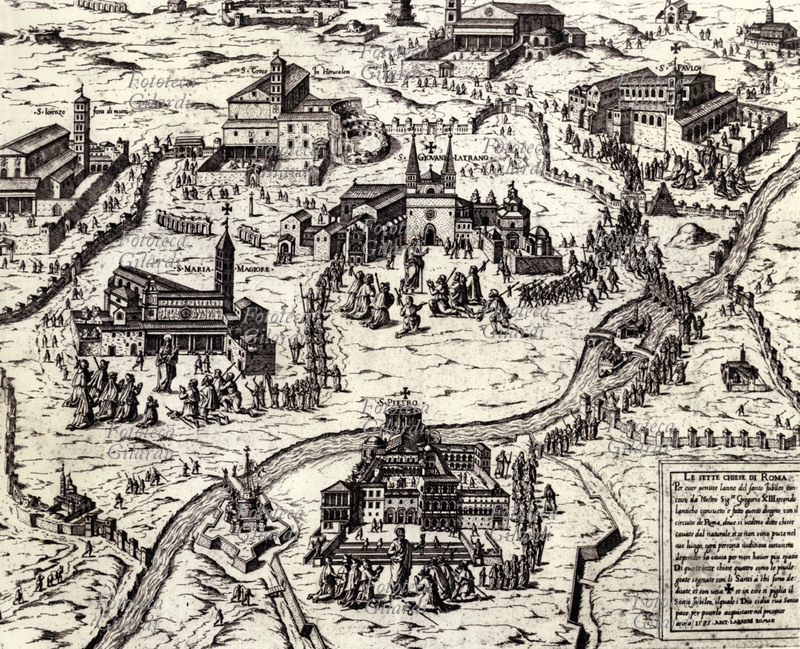 ROMA rinascimentale. Le sette basiliche di Roma, meta di pellegrinaggi. San Pietro qui era ancora la prima basilica costantiniana poi completamente ricostruita in seguito alla devastazione dei saccheggi della prima metà del XV secolo, Santa Maria Maggiore, San Giovanni in Laterano, San Lorenzo fuori le mura, Santa Croce e San Sebastiano. (vedi anche #12001, versione più aggiornata dopo la ricostruzione di San Pietro). Incisione di Antoine Lafréry 1575