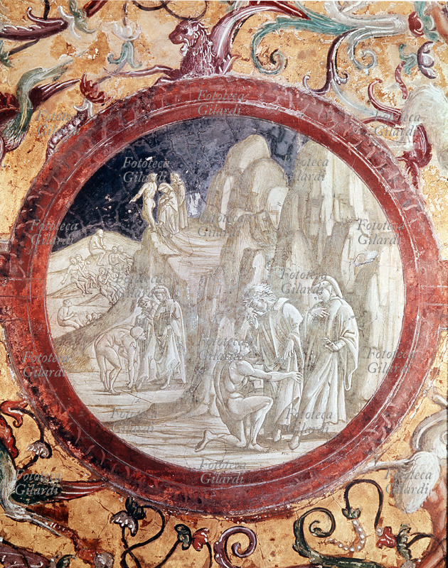 Luca SIGNORELLI (1445-1523) Divina commedia: Dante e Virgilio al Purgatorio incontrano Sordello, trovatore italiano in lingua provenzale (1200 ca.-1269 ca.) fu citato da Dante nel VI Canto del Purgatorio. Affresco nel Duomo di Orvieto, 1499 - 1502