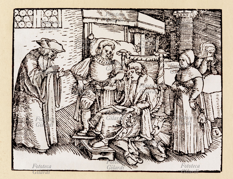 MEDICINA Un medico fa eseguire un salasso dal flebotomo. Illustrazione dal trattato \