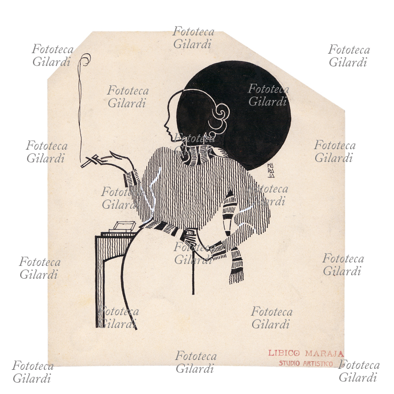 SIGARETTA elegante figura femminile con sigaretta, bozzetto in tempera per cartello pubblicitario, illustrazione di Libico Maraja (1912-1983) pittore, disegnatore e illustratore, Lugano 1937
