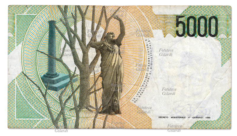 MONETE retro banconota da L 5000 cinquemila Lire (a fronte ritratto di Vincenzo Bellini), in vigore in Italia 1985