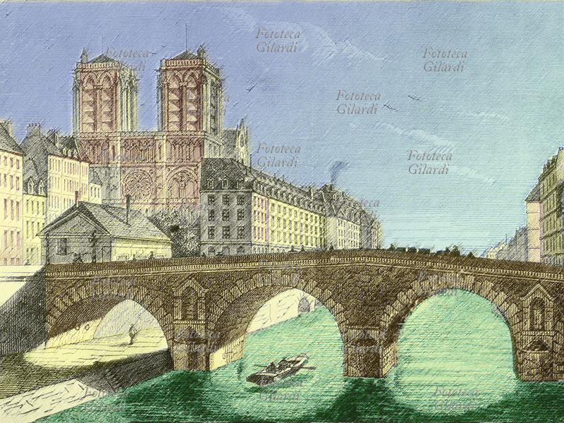 PARIGI 1500 Veduta del Ponte Saint-Michel. Elaborazione da illustrazione dal trattato storico \