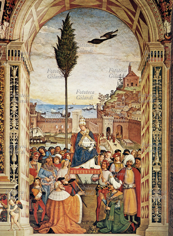 PINTURICCHIO (1454-1513) Papa Pio II, ovvero Enea Silvio Piccolomini, arriva ad Ancona per intraprendere la Crociata contro i turchi ma muore prima di partire (1464). Affresco dalla cattedrale di Siena, 1505