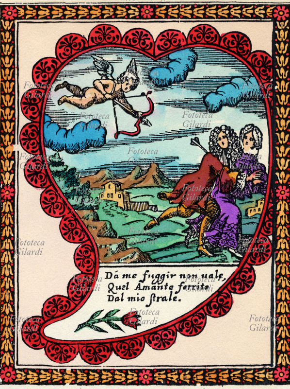 AMORE Cupido. Ventaglio xilografico decorato con un cuore, due innamorati e Cupido. \