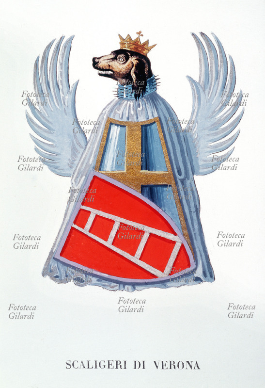 Coat of Arms of the Scaligeri of Verona. Gules shield, charged with a silver scale, placed on another iron shield with a golden cross; all in the chest of a dog with a pointed collar, crowned, dressed in white, with pure white eagle wings, symbol of the imperial vicariate. Can Francesco della Scala known as Cangrande I (9 March 1291 - 22 July 1329), the best known exponent of the family, was a valiant leader and a skilled politician who extended the lordship to several cities in the Veneto region. Generous patron of the arts, he was a friend and protector of the great poet Dante Alighieri. From \