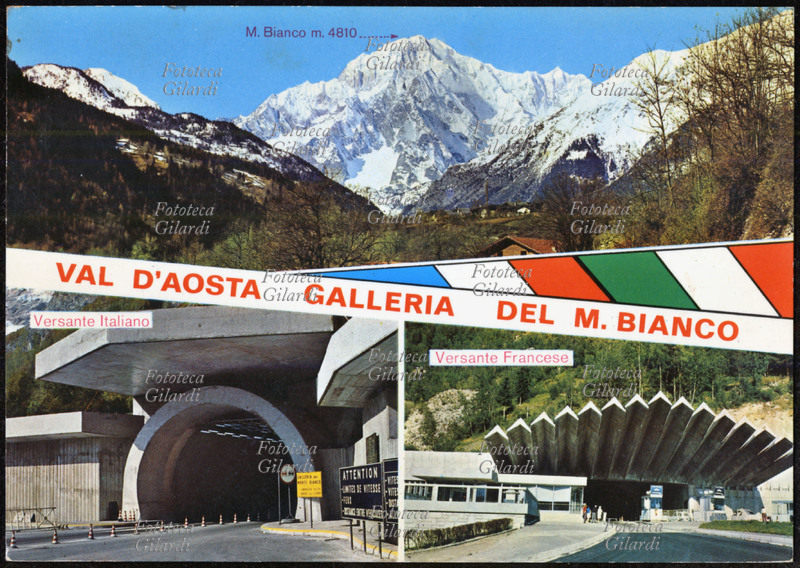 COMUNICAZIONI Collegamento tra Italia e Francia: il Traforo del Monte Bianco, inaugurato il 16 luglio 1965. Cartolina postale, fotoincisione, Italia 1965.