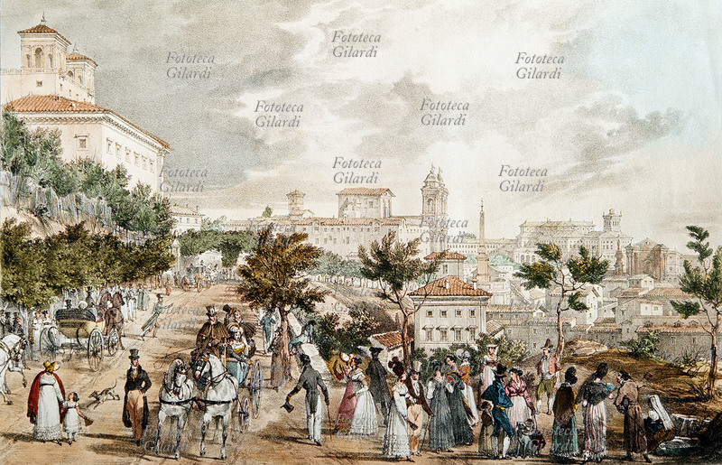ROMA La passeggiata a Trinità dei Monti e al Pincio. Litografia su disegno di Antoine-Jean-Baptiste Thomas (1791 – 1833) incisa da Jean-François Villain (1790 - 1852), Francia prima metà del XIX secolo