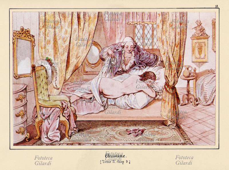 Giacomo CASANOVA (2 aprile 1725 – 4 giugno 1798), avventuriero, scrittore, poeta, alchimista, esoterista, massone, diplomatico, scienziato, filosofo e agente segreto italiano, cittadino della Repubblica di Venezia, seduttore per antonomasia, con la sua amante Christine. Incisione a colori di Adolf Gnauth Sr. (18 novembre 1812 - 1876) da disegno di Julius Nisle (8 aprile 1812 - 1850) per la \