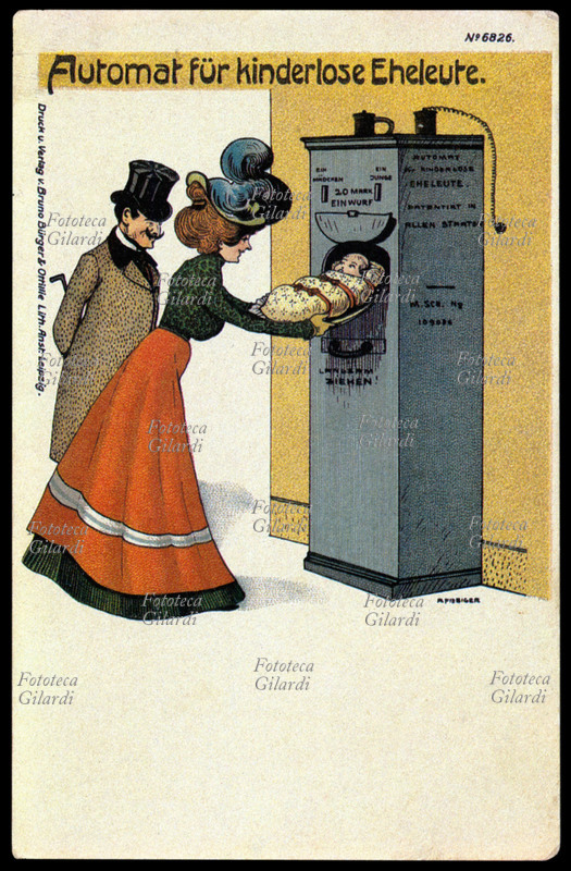 BAMBINI Cartolina postale umoristica ed augurale per una coppia in attesa del primo figlio. Distributore automatico di bambini: è una moderna \