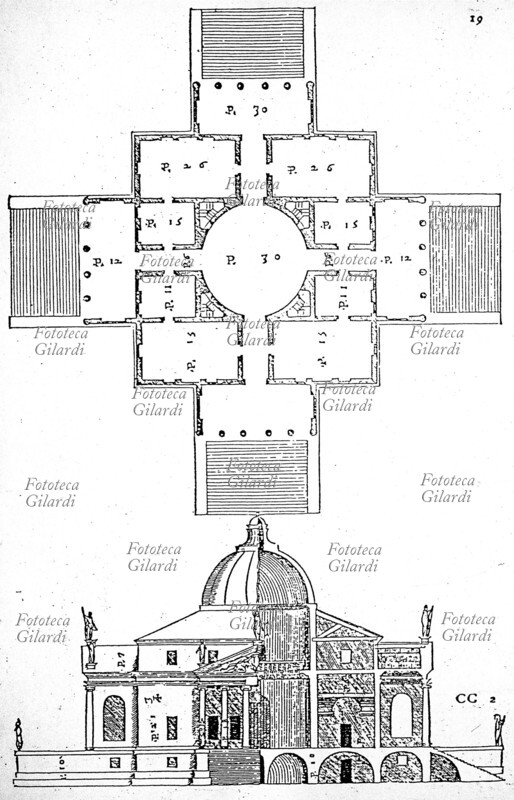 Andrea PALLADIO (30 novembre 1508 – 19 agosto 1580) pianta, alzato e sezione della Rotonda di Vicenza. Da \