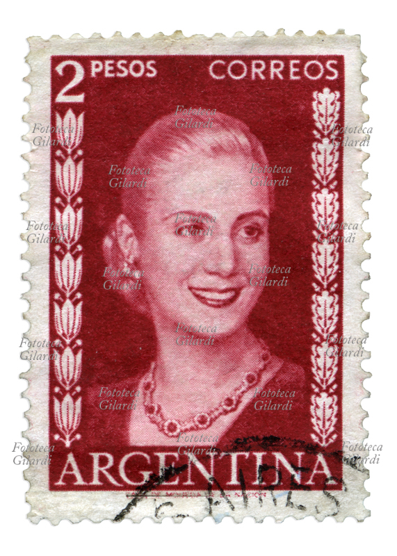 ARGENTINA Francobollo ordinario dalla serie emessa dalla Posta Argentina in memoria di María Eva Duarte de Perón, nata Eva María Ibarguren (7 maggio 1919 - 26 luglio 1952), attrice, politica, sindacalista e filantropa, seconda moglie del Presidente Juan Domingo Perón e First Lady dell\