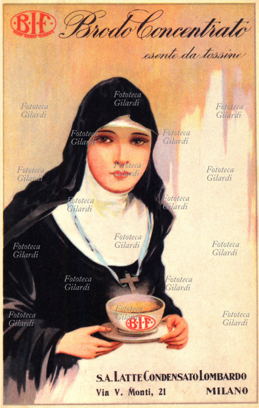 ALIMENTAZIONE Brodo concretrato BIF esente da tossine, prodotto è reclamizzato da una giovane suora che ne accredita la genuinità. Latte Condensato Lombardo. Milano, Italia 1929