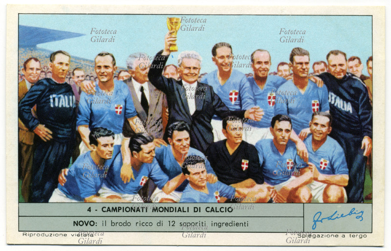 FOOTBALL WORLD CUP. Coach Vittorio Pozzo with the victorious team in Paris in 1938. Italy won the World Cup, with Hungary finishing second. Photogravure, Liebig sticker no. 4 from the "Football World Cup" series, Italy 1966.