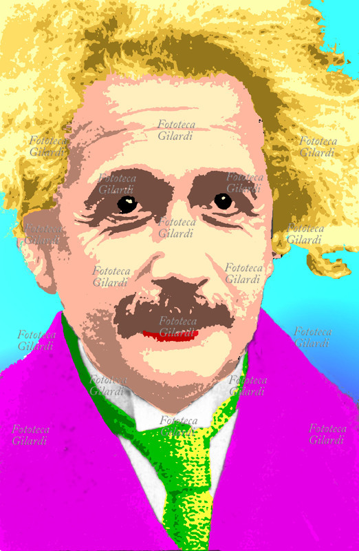 Albert EINSTEIN (March 14, 1879 – April 18, 1955), German-born, Swiss-born, and later American-born physicist, creator of some of the most influential scientific theories of the 20th century, forming the basis of modern physics. Close-up photograph, Germany, 1925. Graphic elaboration in arbitrary colors with naturalistic tones of the face, blond hair, and magenta jacket on a blue background; Elena Piccini, Italy 2000.