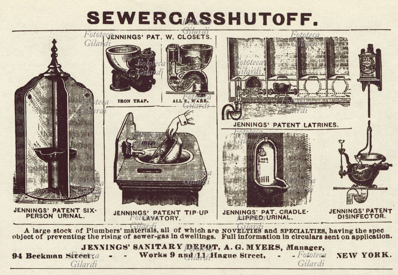 BAGNO Pubblicità per una ditta produttrice di vari modelli di sifoni per water closet e sistemi igienici per vespasiani, latrine pubbliche e private . New York, 1890 circa