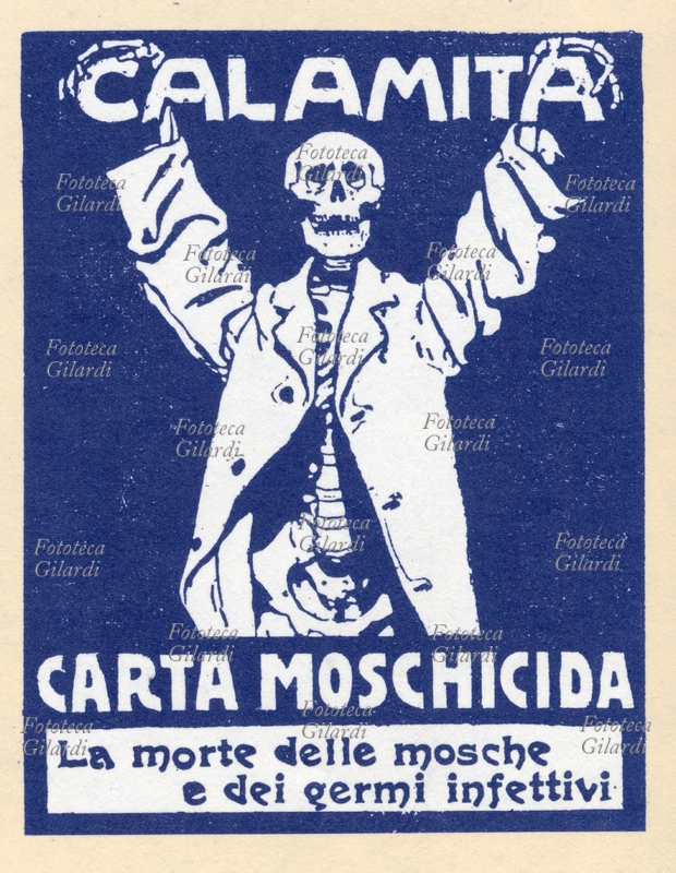 IGIENE annuncio che pubblicizza la carta moschicida, che eliminando le mosche e gli insetti che contribuiscono al diffondersi di malattie infettive, contribuisce a migliorare la qualità igienica delle abitazioni. Testimonial del prodotto: la Morte. Italia, 1910