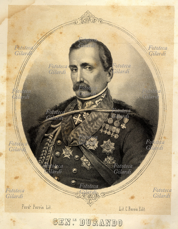 Giacomo DURANDO (1807-1894) politico e generale. Liberale e moderato fu ministro della guerra nel 1855 e appoggiò la politica estera di Cavour; fu presidente del senato 1884-87. Litografia Ferdinando Perrin, C. Perrin editore, Torino 1860