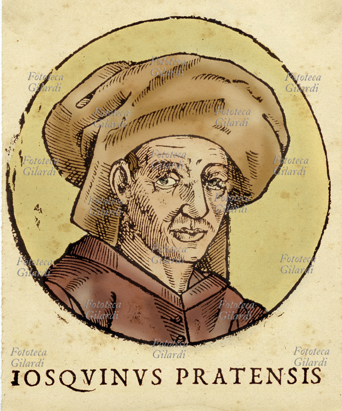 Josquin DES PRES (1440-1521), known as Jodocus Pratensis, or Jodocus da Prato, his name also transcribed Desprez. A Flemish composer and "master of notes," he had a great influence on European polyphonic music. Colorized woodcut, 16th century.