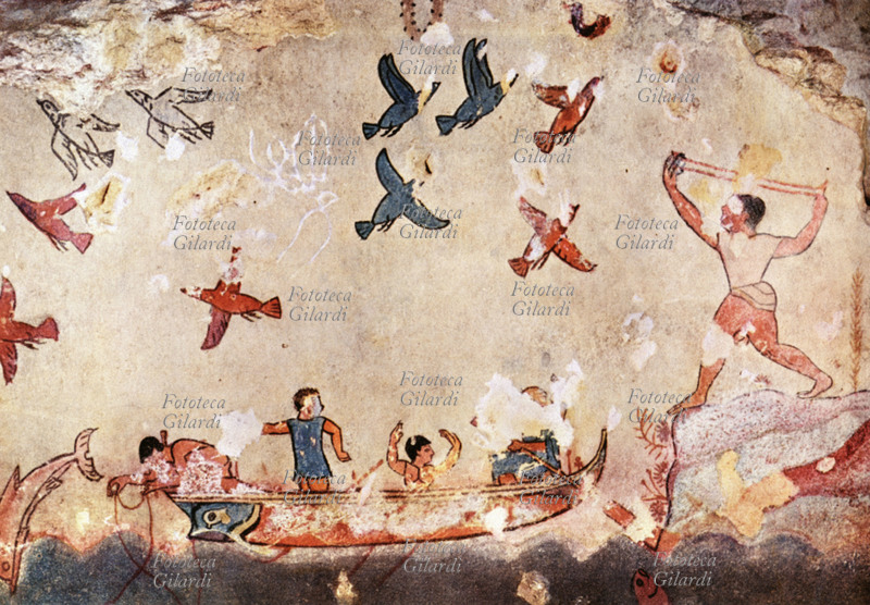 ETRUSCHI Volo di uccelli. Scena di caccia e pesca. Parete affrescata nella Tomba della Caccia e della Pesca a Tarquinia, necropoli Monterozzi, fine del VI secolo a.C.