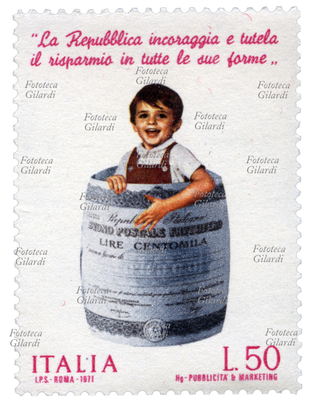 STAMP celebrating the "Postal savings" series issued by the Italian Post Office; in the cartoon, surmounted by the words "The Republic encourages and protects savings in all its forms" taken from art. 47 of the Constitution, a smiling and confident child is depicted, protected by the "barrel" made up of an enormous interest-bearing postal voucher. Drawing of the HG. Advertising & Marketing, face value 50 lire, IPS Roma rotogravure printing. Italy, issued October 27, 1971